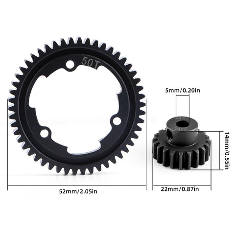 50T Spur Gear 1.0 Mod Hardened Steel With 20T Pinion Gear Upgrade Kit For Traxxas 1/5 X-Maxx RC shown with dimensions