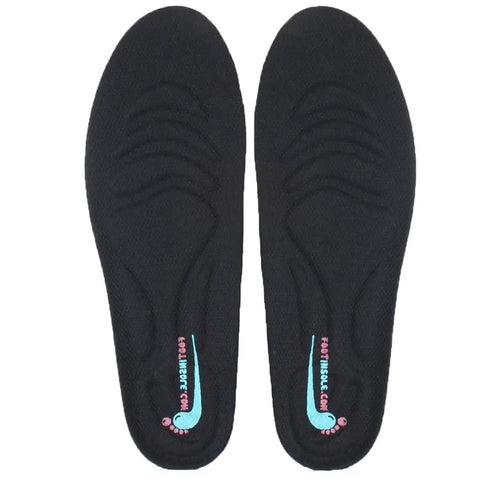 Pair of black 1 Inch Height Lift Insoles For Shoes Discreet PU Cushioned Insole Inserts top view showing contour design.