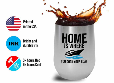 Boat Crew Silver Wine Tumbler 12oz For Dockside Sips And On Deck Fun with splash effect and USA print features