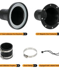 Magnetic Dust Collection Fittings For 4 To 2.5 Inch Systems With couplers, hose clamp, and elastic fixator components.