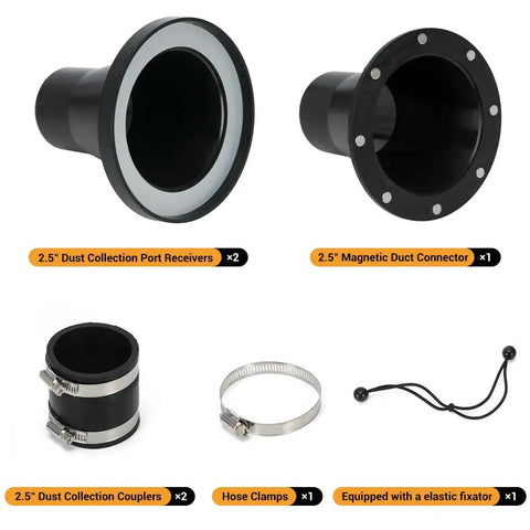 Magnetic Dust Collection Fittings For 4 To 2.5 Inch Systems With couplers, hose clamp, and elastic fixator components.