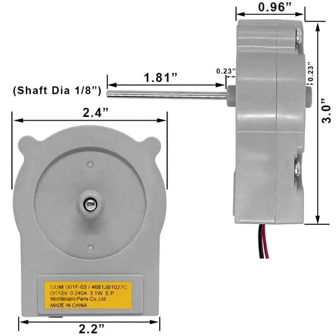 Drop In Evaporator Fan Motor Replacement For Refrigerators, 13V DC, 3.1W, Quiet And Reliable, front and side view with dimensions