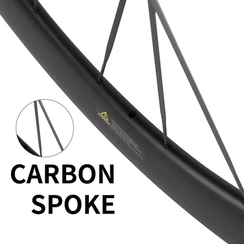 Close-up of carbon spoke on a wheel from Carbon Disc Wheelset 50C-28 Tubeless With Carbon Spokes For 700C Road Bikes, Ultra Light And Strong.