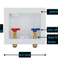 Washing Machine Outlet Box With Center Drain Push To Connect Inlet One Half Inch And Outlet Three Quarter Inch NH Brass Ball Valves Easy Install Includes Two Adjustable Mount Brackets And Disconnection Clip Tool, front view showcasing plastic build, brass and zinc alloy fittings, 8.9x9.2 inches.