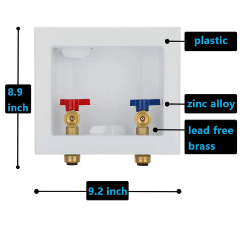 Washing Machine Outlet Box With Center Drain Push To Connect Inlet One Half Inch And Outlet Three Quarter Inch NH Brass Ball Valves Easy Install Includes Two Adjustable Mount Brackets And Disconnection Clip Tool, front view showcasing plastic build, brass and zinc alloy fittings, 8.9x9.2 inches.