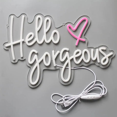 Hello Gorgeous Neon Sign White LED Light Wall Art For Home Decor Wedding Backdrop Birthday Party And Bachelorette Party Dimmable Switch 5V 16.5x11 Inches.
