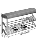 Industrial Entryway Shoe Bench With Seating Two Tier Metal Shoe Rack In Beige And Gold, dimensions labeled, with shoes displayed.