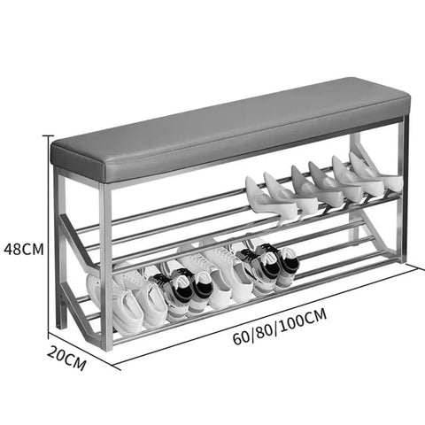 Industrial Entryway Shoe Bench With Seating Two Tier Metal Shoe Rack In Beige And Gold, dimensions labeled, with shoes displayed.