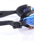 Close-up of an adjustable silicone eyeglass strap for swimming and pool use, attached to blue goggles with no slip design.