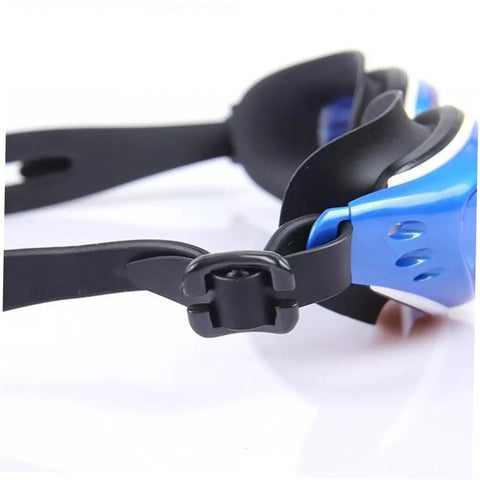 Close-up of an adjustable silicone eyeglass strap for swimming and pool use, attached to blue goggles with no slip design.