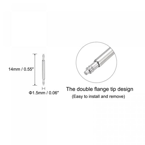 Diagram of Stainless Steel 14mm Watch Band Pins Replacement Kit with 1.5mm pin diameter, showing double flange tip design.