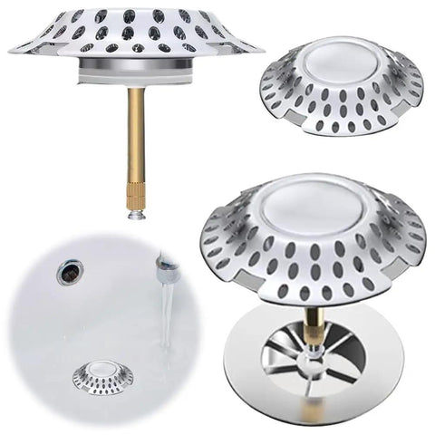 Hair Stopper Catcher Anti-Clogging Bathtub Drain Stopper with Strainer in chrome, showcasing dual-function design and drainage.