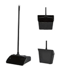 Heavy Duty Upright Standing Dustpan Built Different Tight Pivoting Base Perfect For No Sweat Daily Sweep Smooth Action Easy Lean Storage Restaurants And Shops, black design with long handle.