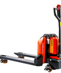 Full Electric Pallet Jack Truck With 3300 Pound Beast Mode Payload And 46 By 27 Inch Sturdy Forks Mastered For Tight Aisles Indoors, side view, lithium ion controls.