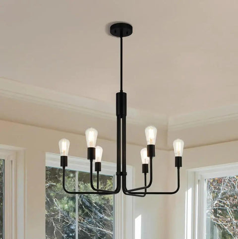 6 Light Black Vintage Chandelier Pendant Ceiling Light for Living Room Dining Room Kitchen Island with Slim Black Metal Frame