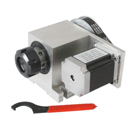 Heavy Duty Fourth Axis Rotary Cnc Kit Paired With 57 Stepper Motor And 11 Er32 Collets with motor and mounting bracket for precision milling.