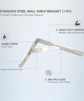 Stainless Steel Triangular Wall Shelf Bracket For Standard Wood Planks, silver finish, heavy duty corner mount, kitchen bath use.
