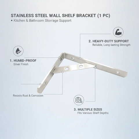 Stainless Steel Triangular Wall Shelf Bracket For Standard Wood Planks, silver finish, heavy duty corner mount, kitchen bath use.