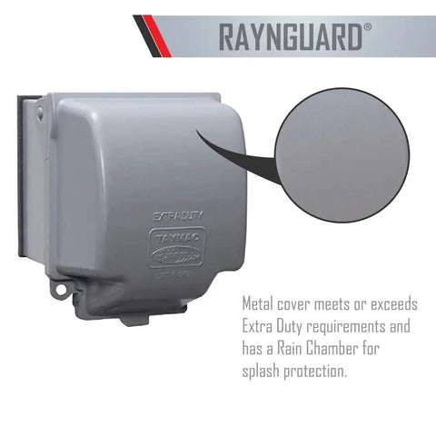 Extra Duty RaynGuard Metal Weatherproof In Use Cover for Outdoor 2 Gang Electrical Outlets Gray showing closed metal cover