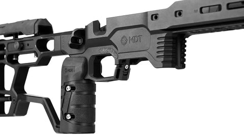Close-up of ACC Elite Remington 700 SA RH Chassis System for Precision Rifle Stock Build, black and tactical design.