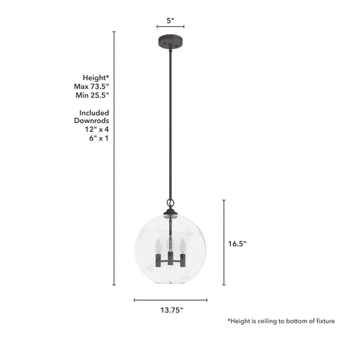 High Oaks 3-Light Noble Bronze Pendant Light With Dimmable Fixture, featuring dope globe seeded glass, size details shown