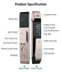 Premium Semiconductor Fingerprint Smart Door Lock With Integrated Doorbell Keyless Password And Card Access Ultra Smooth Operation Rechargeable Lithium Battery showing specifications including keypad and fingerprint area.