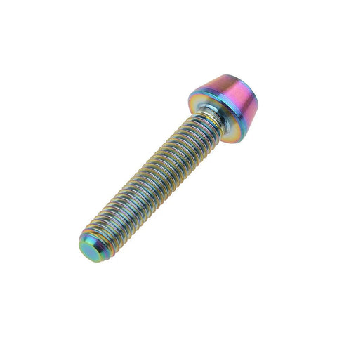Wanyifa titanium bolt with rainbow finish, M5 thread, angled side view
