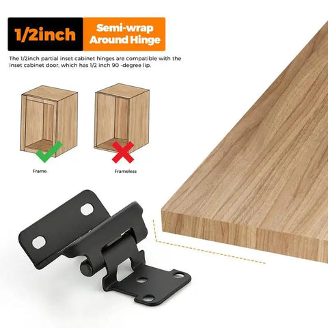 50 Pack Self Closing Cabinet Hinges Semi Overlay Half Inch Matte Black Face Frame Hinges 25 Pairs Half Wrap for DIY Cabinets