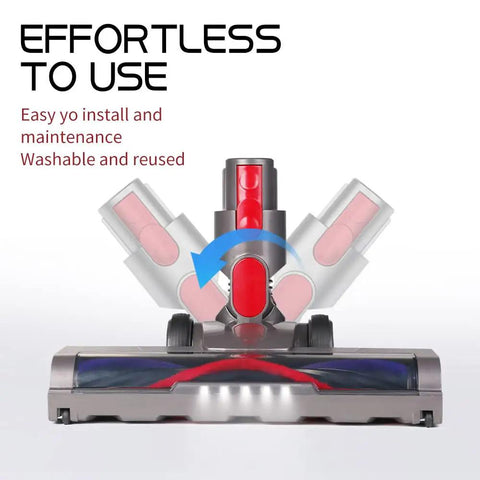 Floorhead Roller Brush Attachment With LED Headlights For Dyson V7 V8 V10 V11 V15 Vacuums showing easy install feature.