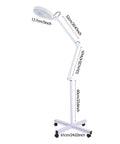 5X LED Magnifying Floor Lamp On A Rolling Stand For Salon Beauty Skincare Tattoo And Manicure Workstations Pro Grade Adjustable White Light With Large Lens For Precise Skin Analysis And Fine Detail Work, adjustable arm dimensions shown