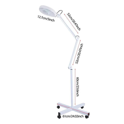 5X LED Magnifying Floor Lamp On A Rolling Stand For Salon Beauty Skincare Tattoo And Manicure Workstations Pro Grade Adjustable White Light With Large Lens For Precise Skin Analysis And Fine Detail Work, adjustable arm dimensions shown