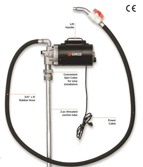 No-Hassle 115V Electric Drum Pump 8 Gpm Blazing Fast Oil Transfer Workhorse For 55 Gallon Barrels showing lift handle, rubber hose, and power cable.