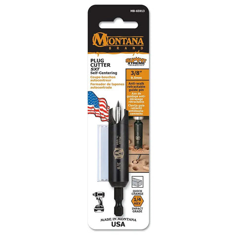 Premium 3/8 Inch Plug Cutter Features Auto Centering Spring Loaded Tip That Kills Walking To Carve Buttery Smooth Tapered Plugs Every Single Time With A Rock Solid 1/4 Quick Shank And Anti Slip Chuck Lock For Serious Woodworking Pros on a packaging.