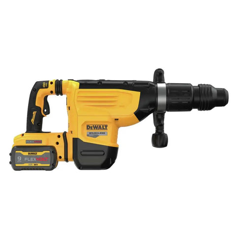Badass 60V Max Cordless SDS Max Chipping Hammer Kit With Killer Impact Energy Active Vibration Control And Wireless Dust Extractor Sync, black and yellow with battery.