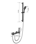 Dimensions and design of CUTPOIY Shower System Wall Mounted, featuring adjustable handheld shower and mixer setup.