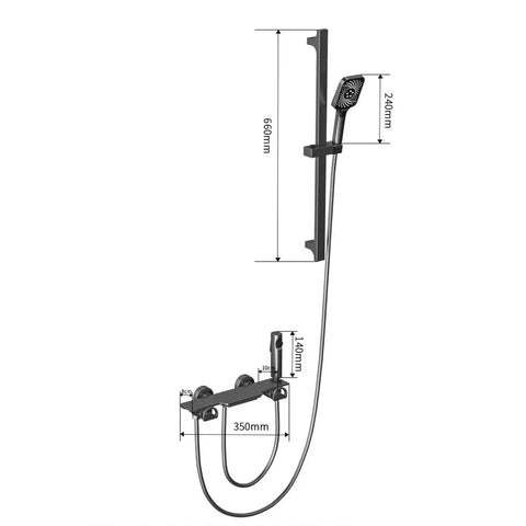 Dimensions and design of CUTPOIY Shower System Wall Mounted, featuring adjustable handheld shower and mixer setup.