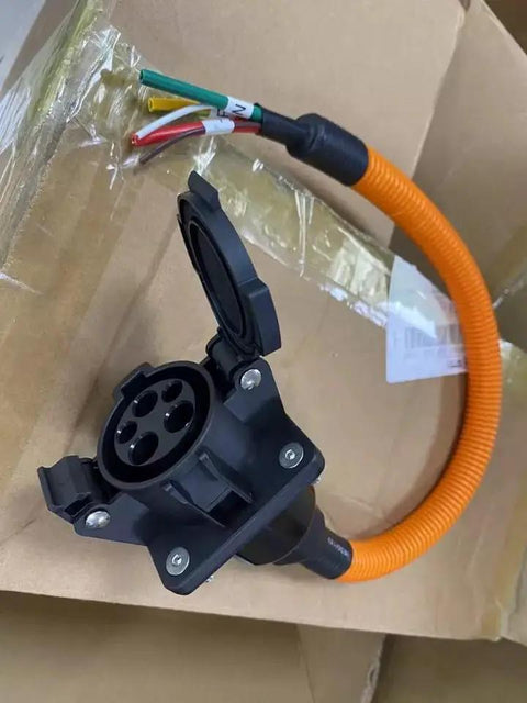 Built Tough Type 1 J1772 EVSE Inlet With 3.2 FT Level One And Two Charging Cable 16 Amp Electric Vehicle Socket Port close-up.