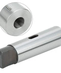 Side view of MT5-to-MT2 taper reducing adapter sleeve in high-speed steel; silver metal with central bore