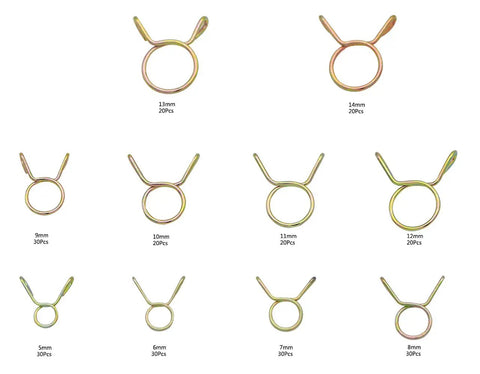 Heavy Duty Zinc Plated Steel Fuel Line Hose Clamps Set For Motorcycles Scooters And ATVs, 250-Piece, 5mm to 14mm sizes displayed