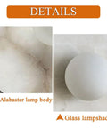 Close-up details of KXKLGWHN Modern Minimalist Style Natural Alabaster Wall Lamp, Hard Wire, showcasing alabaster body and glass lampshade.