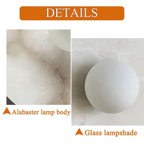 Close-up details of KXKLGWHN Modern Minimalist Style Natural Alabaster Wall Lamp, Hard Wire, showcasing alabaster body and glass lampshade.