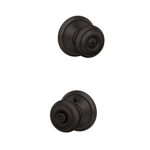 Georgian Privacy Door Knob With Bed And Bath Privacy Lock In Aged Bronze, No Hassle Install With Self Aligning Screws