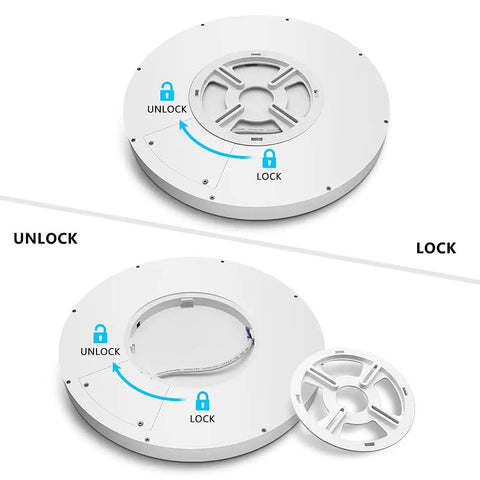 Back view showing unlock and lock mechanism of 12 Inch 24W Dimmable LED Flush Mount Ceiling Light With Remote Control Color Temperature Adjustable 2800K To 6500K Stepless Brightness From 10 Percent To 100 Percent Flat Modern Round Dope Ceiling Lamp For Bedrooms And Living Areas