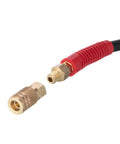 Close-up of Ultra Durable 3/8-Inch By 100 Foot Rubber Air Hose with Heavy Duty Reinforced Lining, showing industrial brass fittings