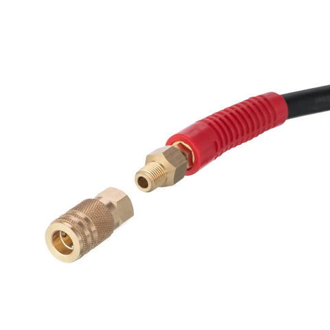 Close-up of Ultra Durable 3/8-Inch By 100 Foot Rubber Air Hose with Heavy Duty Reinforced Lining, showing industrial brass fittings