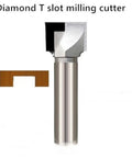 Heavy Duty Diamond Coated Bottom Router Bit For Precision Woodworking T Slot Cleaning And Flush Trims Cuts Like Butter With A Rock Solid Build Designed For Serious Shop Work, showing diamond T slot milling cutter and wood profile.