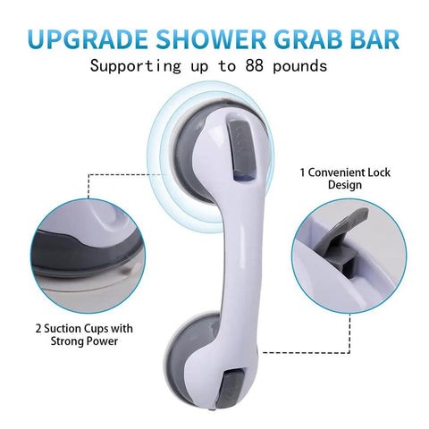 Two Pack Bathroom Grab Bars With Strong Suction For Showers And Tubs, Safe Handicap Shower Handles For Elderly And Baby Use, Easy Install Balance Aids, Non Slip Grips shown with lock design and suction details.