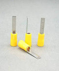 Yellow 5.5-18 Electric Crimp Ferrule Blade Terminal for 4-6 MM2 wires, showing four heavy-duty connectors standing on a surface.