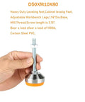 Bulletproof Heavy Duty Adjustable Leveling Feet For Machinery And Cabinets M10 Thread 1100 Lb Capacity Four Pack, held in hand, showing chrome steel base.
