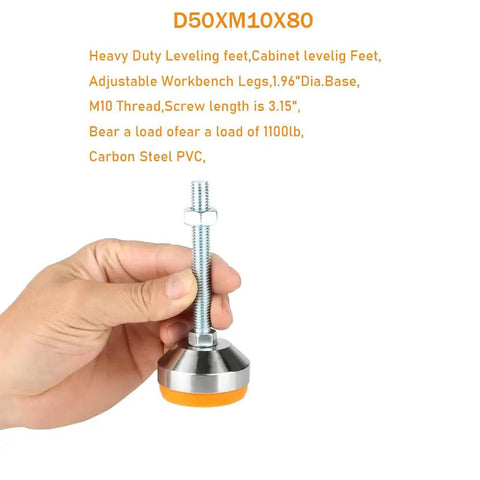 Bulletproof Heavy Duty Adjustable Leveling Feet For Machinery And Cabinets M10 Thread 1100 Lb Capacity Four Pack, held in hand, showing chrome steel base.